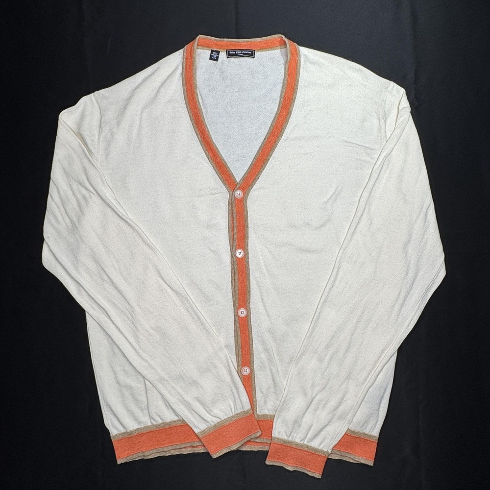 Saks Fifth Avenue Cardigan Women XL White Orange 100% Cotton V Neck Button Italy